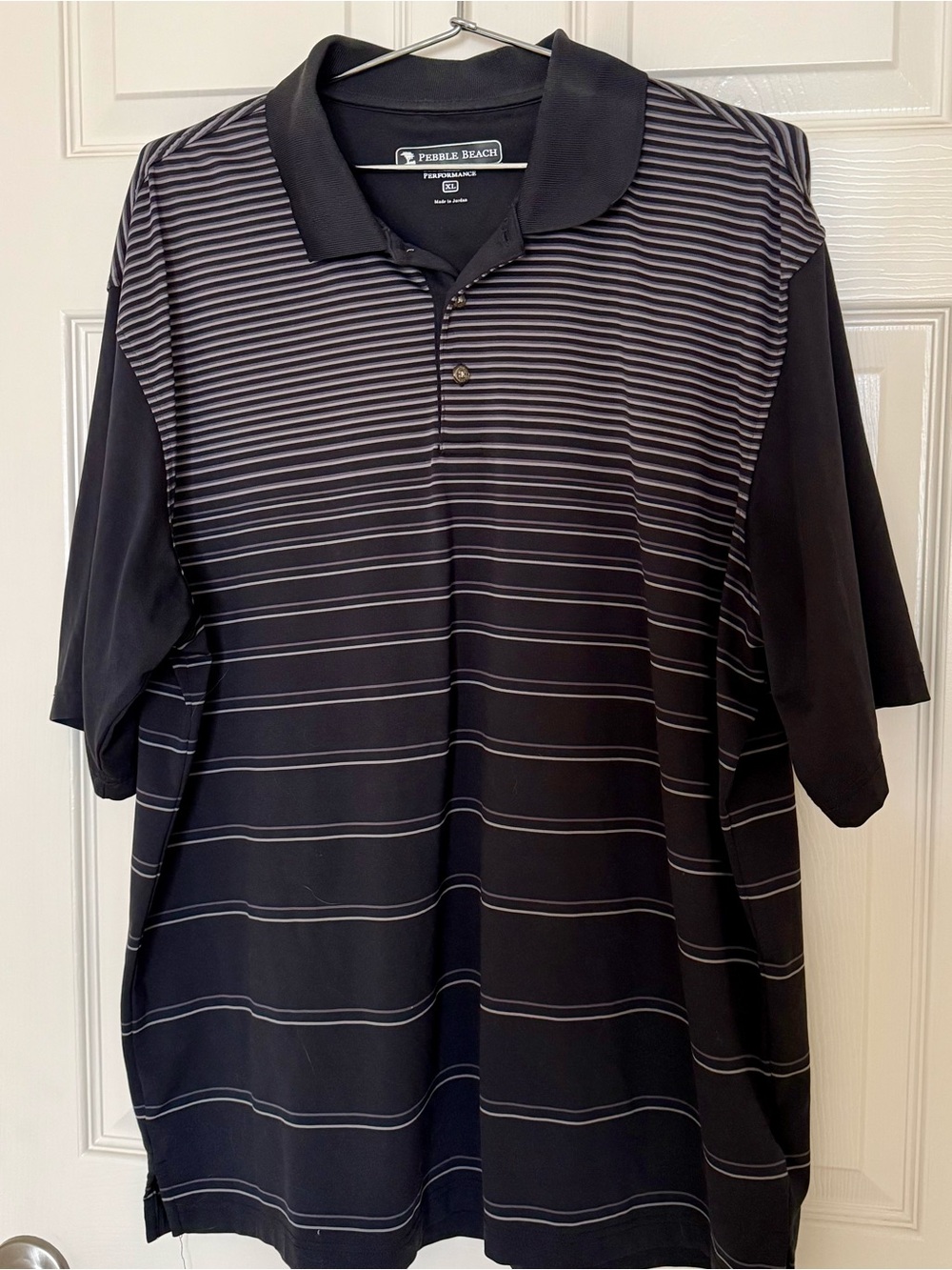 Pebble Beach Men's Black Polo with Thin Gray Stripes